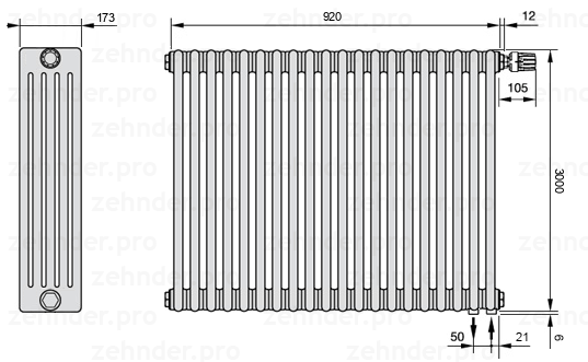 Схема (чертеж) Радиатор Zehnder Charleston 5300/20 №V002 Белый глянцевый RAL 9016
